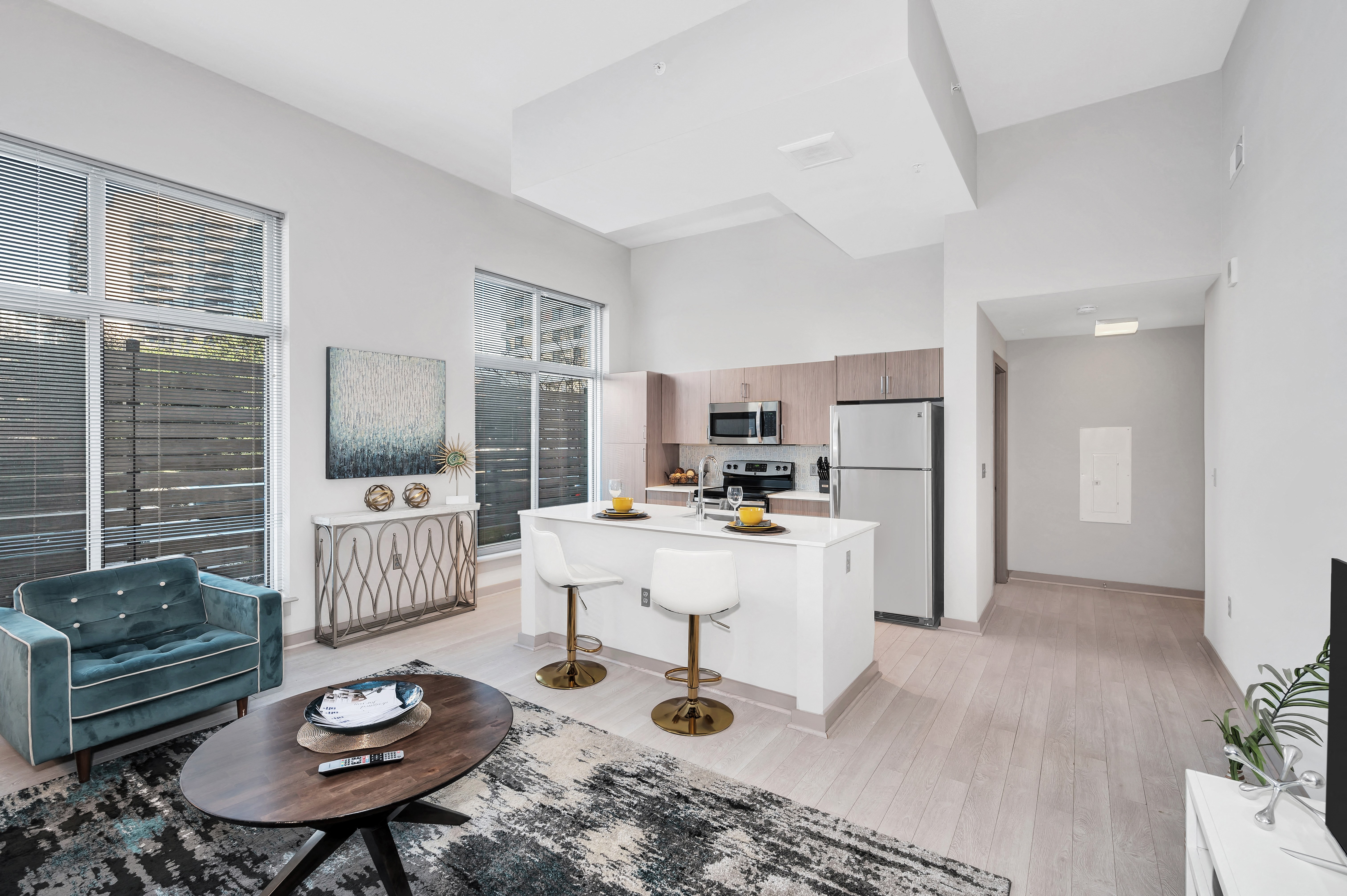Spacious living areas with washed oak flooring Spacious living areas with washed oak flooring